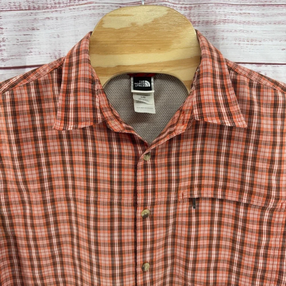 The North Face Shirt Mens Large Orange Plaid Short Sleeve Button Up Hiking
